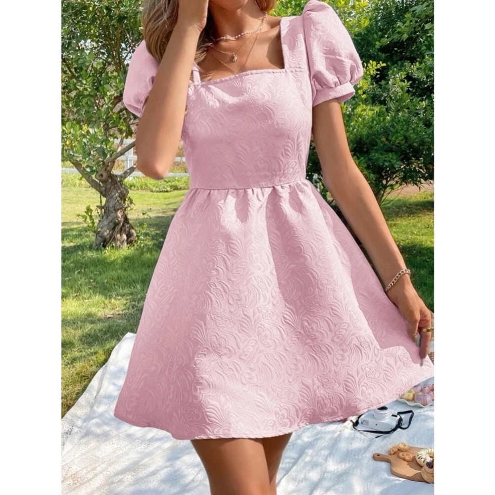 💕 STUNNING 👑 Floral Jacquard Tie Back Puff Sleeve Dress 💕
